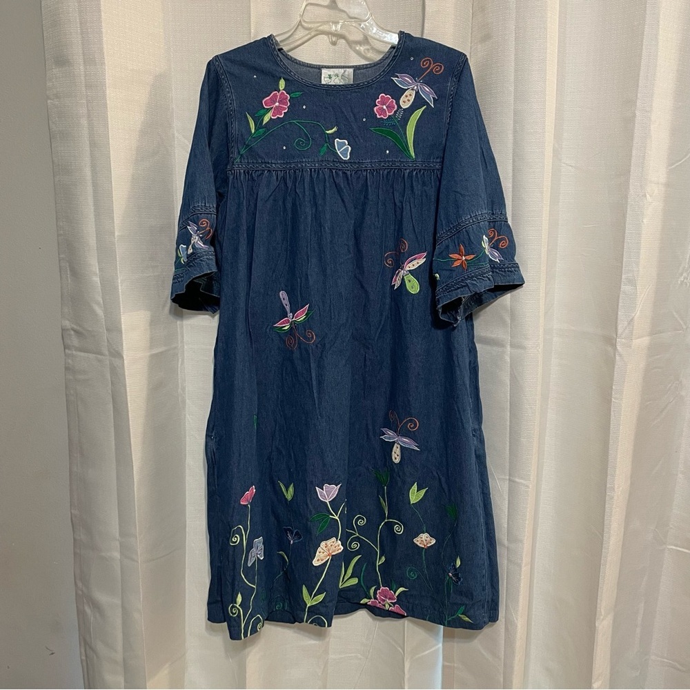 The Quacker Factory Vintage Denim Dress Dragonfly Flowers‎ Teacher Medium